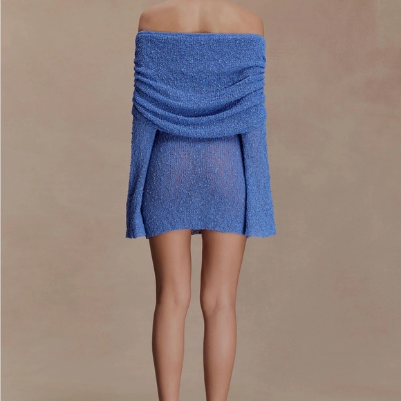 Marisol Off-Shoulder Boucle Blue Knit Dress - Picture 2 of 4